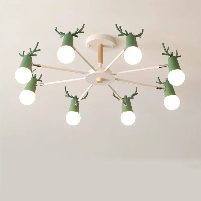 Iron and wood LED chandelier with deer design for interior decor