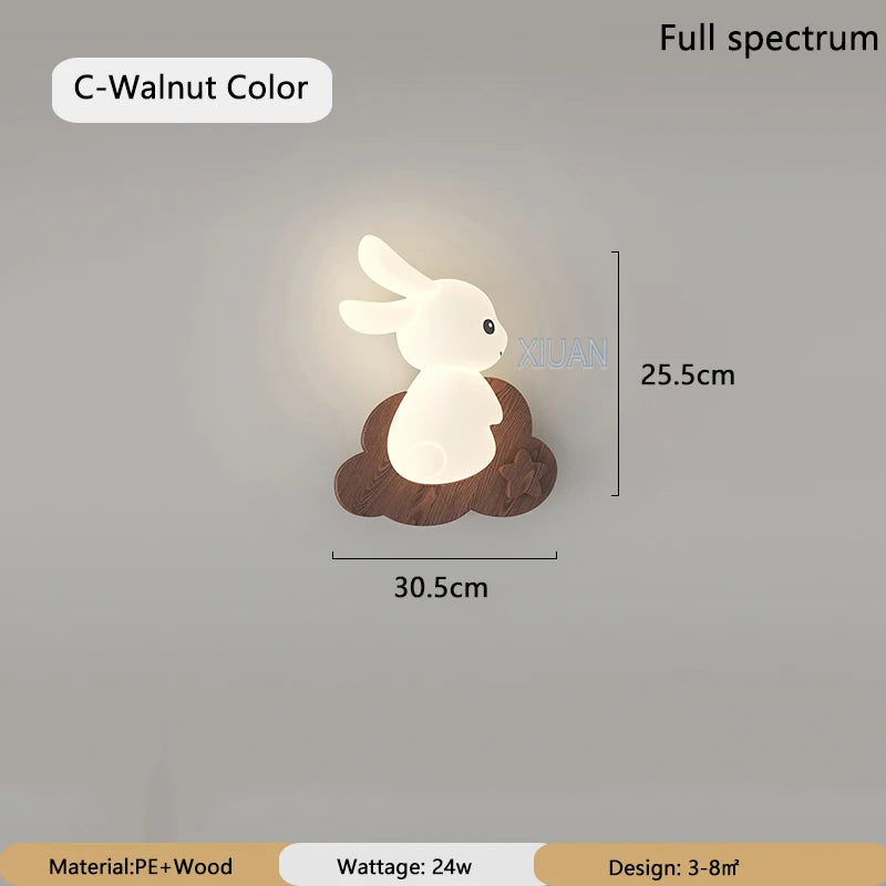 Japanese wabi-sabi bedside lamp with wooden base and rabbit illustration for children
