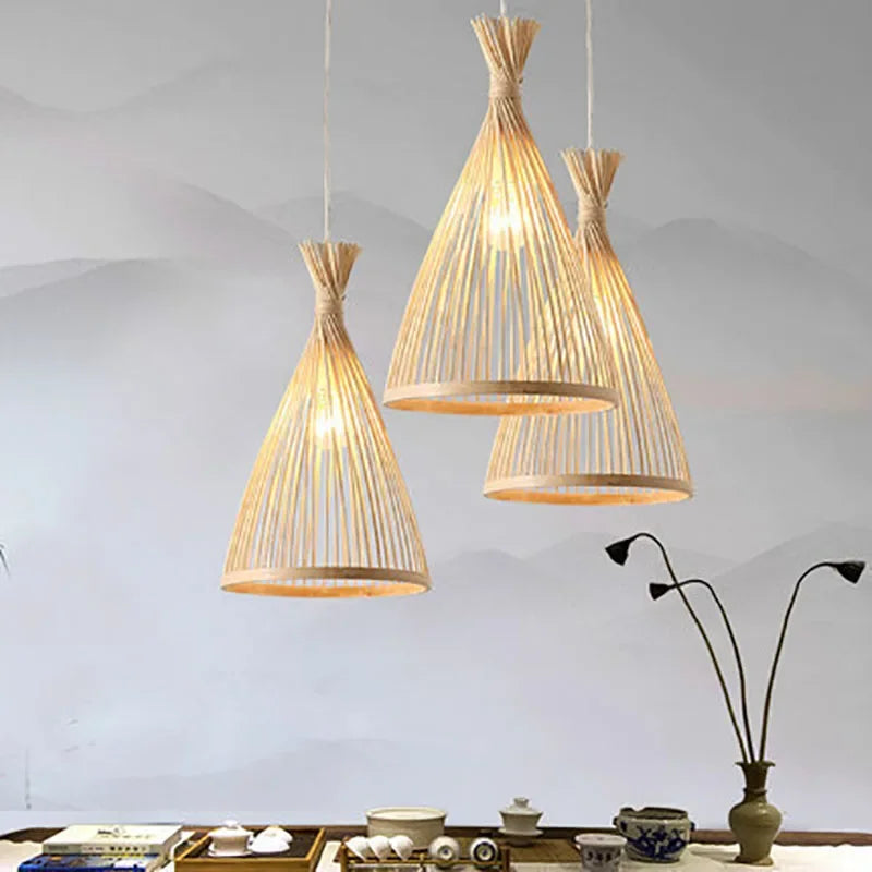 Handmade vintage bamboo pendant light with wooden base for restaurant or café – classic hotel bedroom lighting