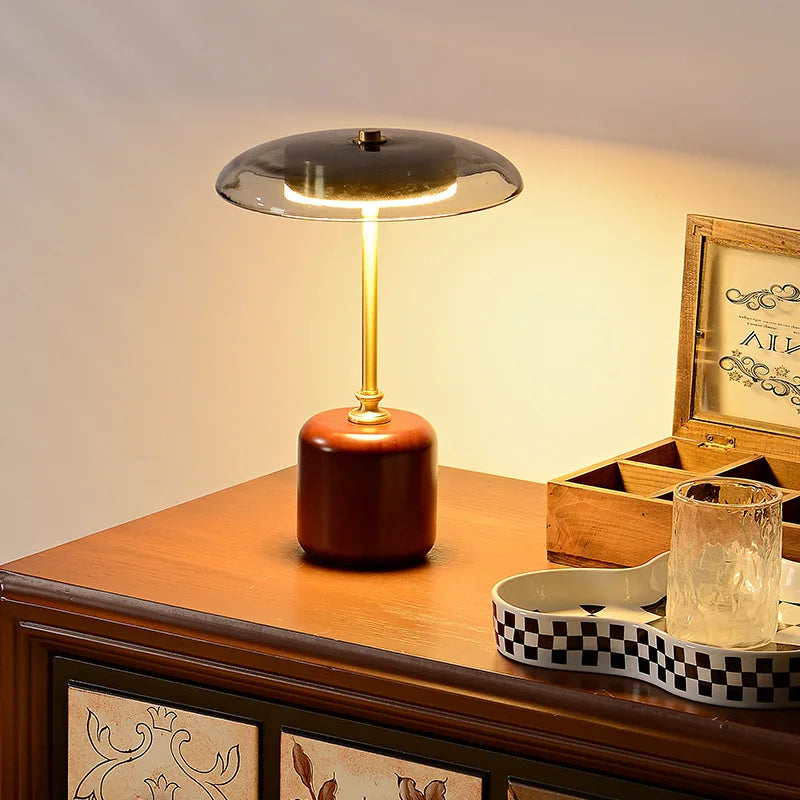 Retro glass, wood and copper designer table lamp - vue 3 sur 8
