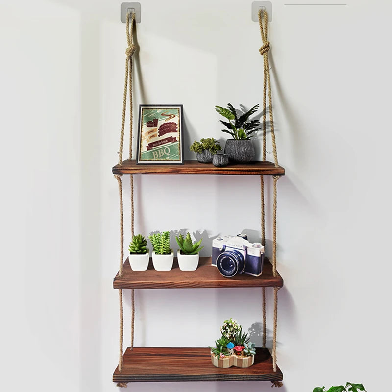 wooden wall shelf with hemp rope for modern decoration