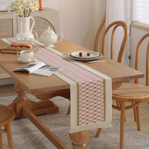 Boho beige table runner with geometric patterns and tassels