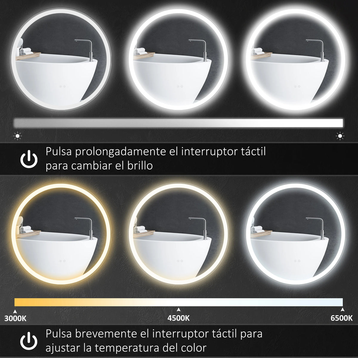 round mirror with adjustable LED lights anti-fog silver - vue 6 sur 7