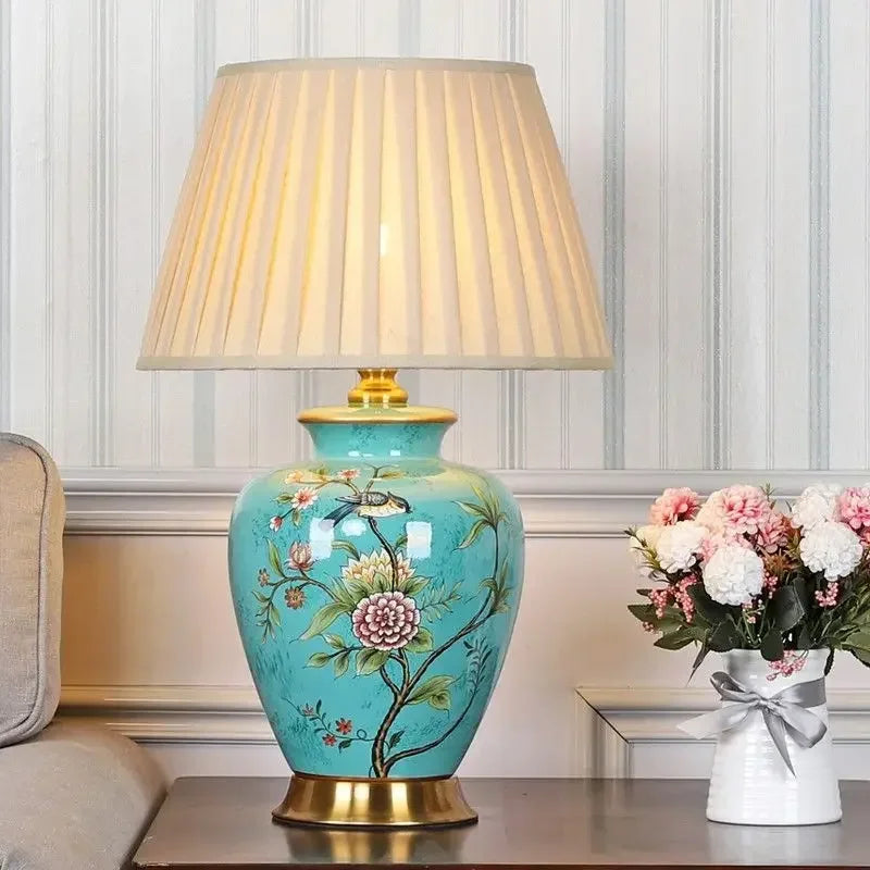 Nordic ceramic desk lamp with flower and bird pattern
