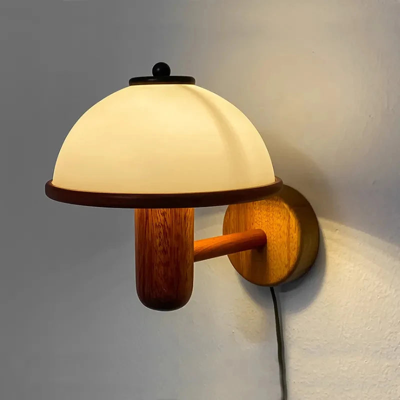 Nordic retro mushroom wall light with external plug and wooden lampshade