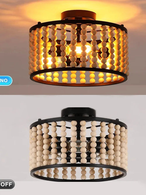 Handmade wooden bead ceiling light vintage style for a cosy home - vue 5 sur 7