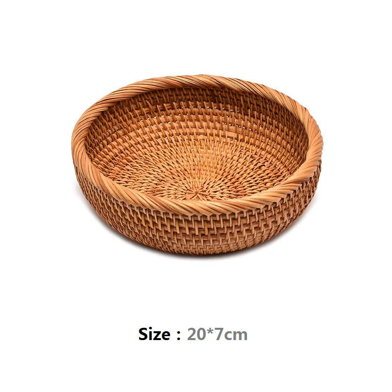 HeMu-Round Rattan Woven Basket, Wicker Fruit Basket, Bread Food, Kitchen Home Decor, Organizer Breadbasket for Kitchen - vue 10 sur 13