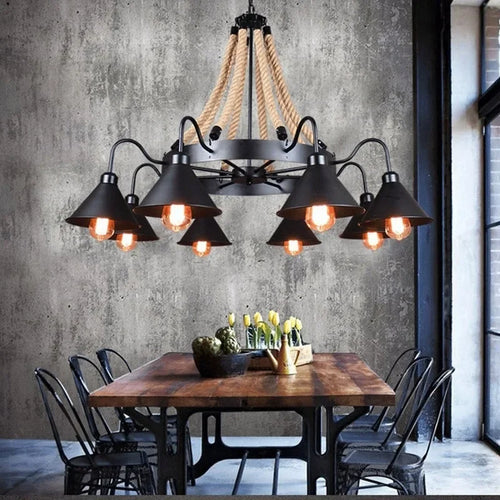 Vintage hemp rope and iron pendant light industrial style - vue 2 sur 12
