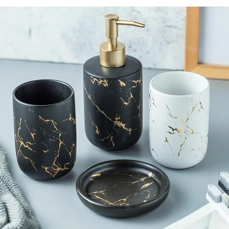 Black Marbled Bathroom Accessories Set, Ceramic Soap Dispenser, Toothbrush Holder, Box, Decoration - vue 4 sur 17