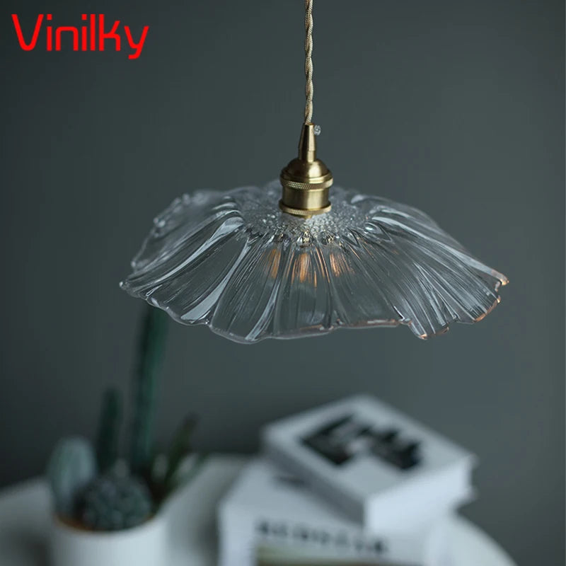 Minimalist nordic pendant light japanese style brass glass flower lamp - vue 6 sur 13