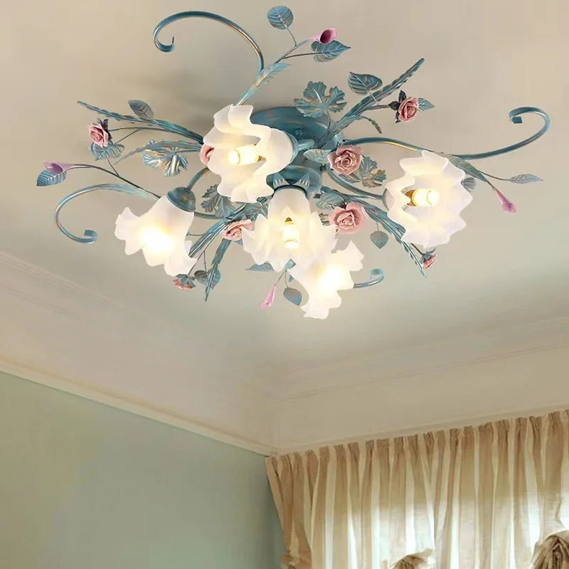 Handmade iron LED ceiling light with rose flower, American Korean style
