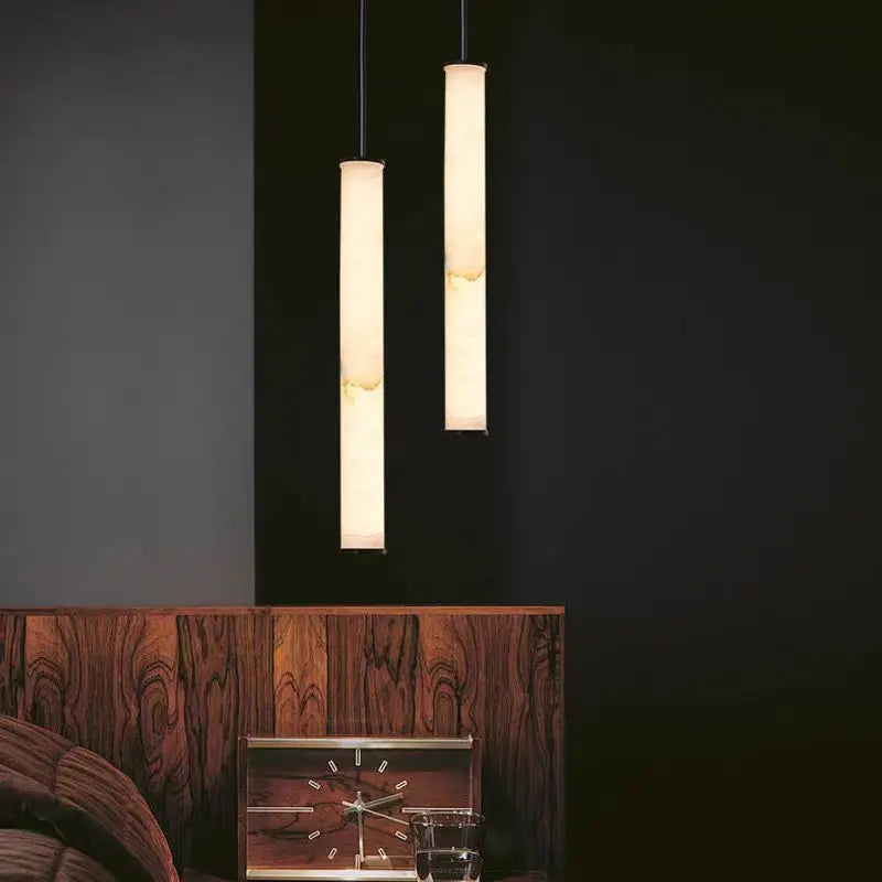 lustre cylindrique en marbre naturel avec cordon réglable 3000k - vue 4 sur 9