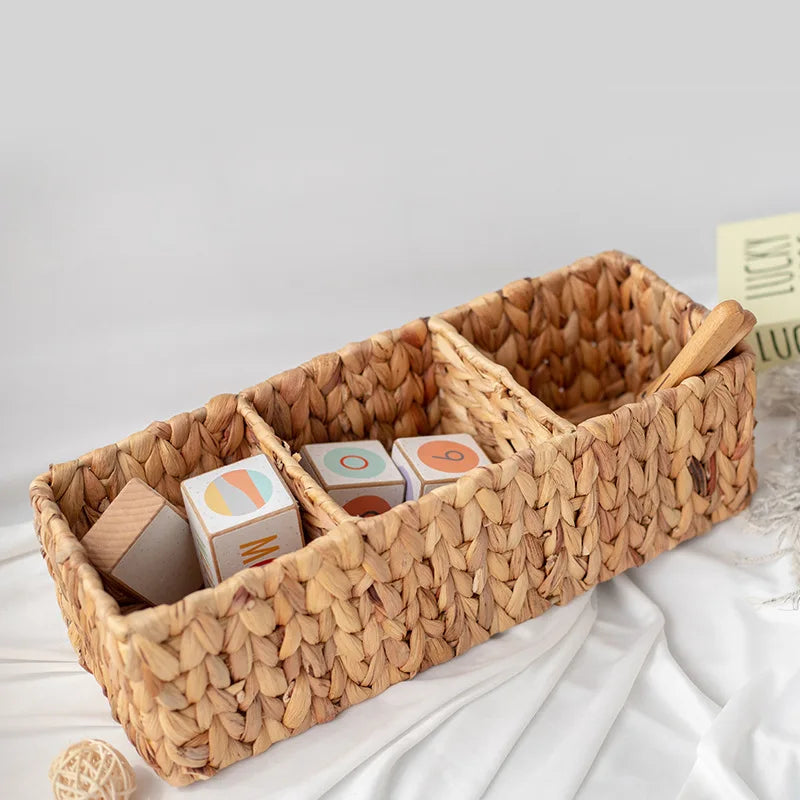 Handwoven rattan storage basket with three compartments