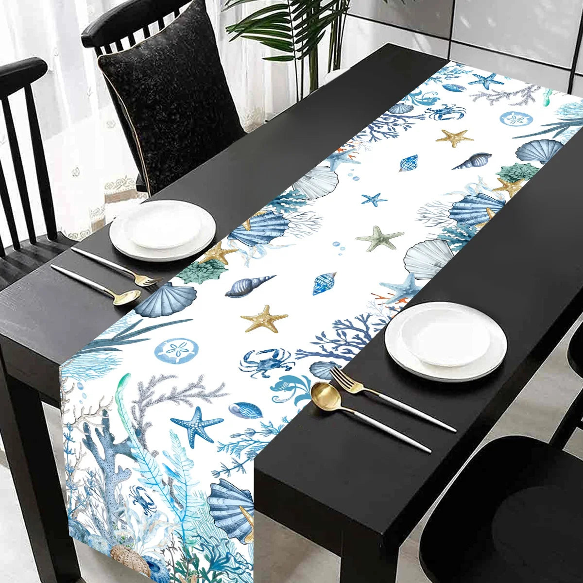 Marine life theme table runner with starfish and seahorses - vue 5 sur 7