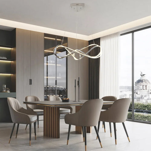 Modern LED chandelier with remote control, elegant curved design - vue 5 sur 12