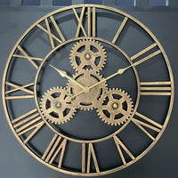 retro metal wall clock with large decorative gear