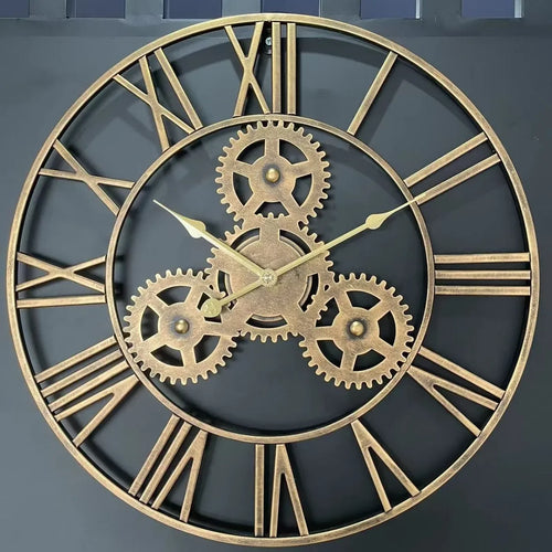 retro metal wall clock with large decorative gear