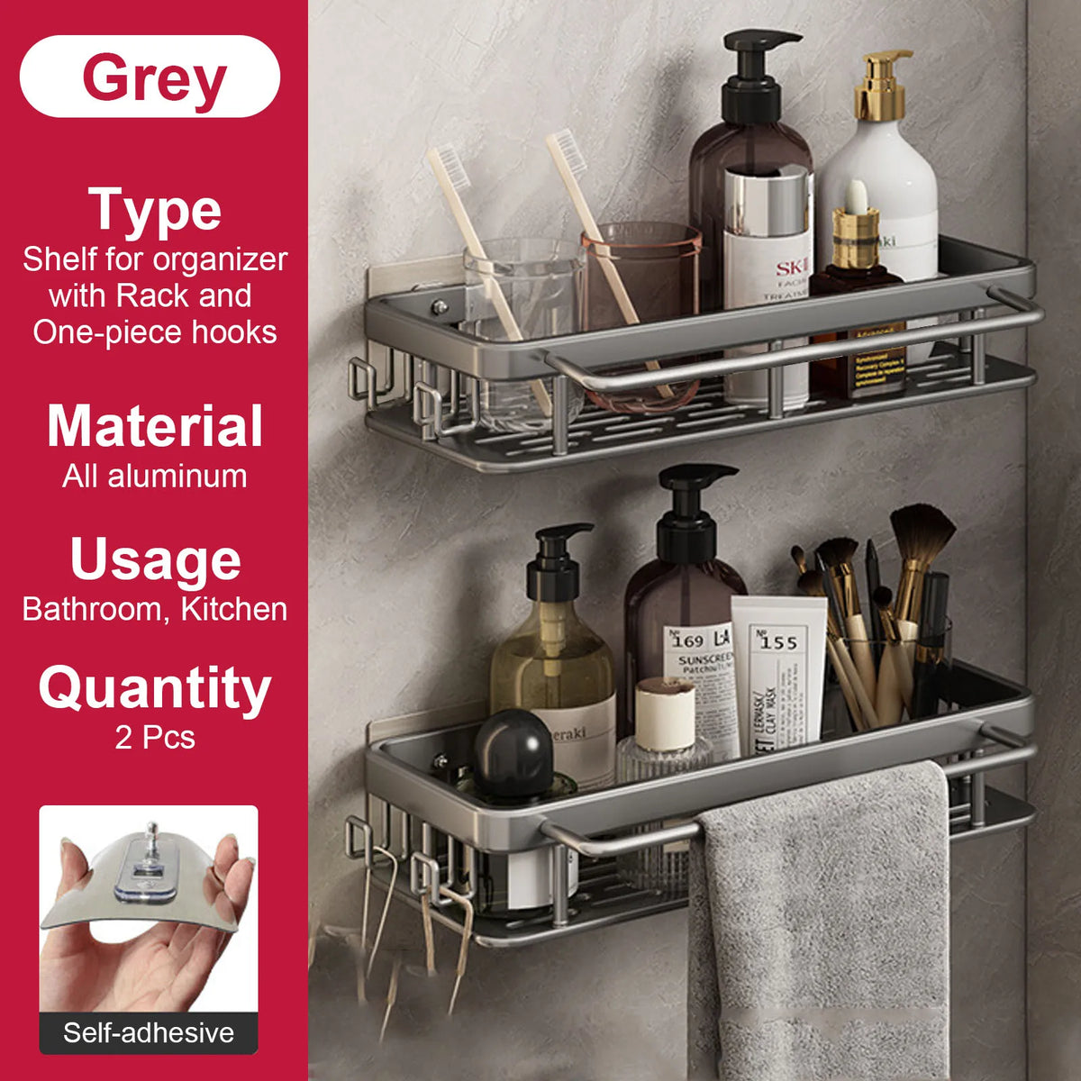 no-drill wall shelf for bathroom and kitchen storage
