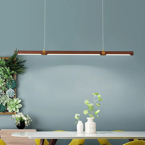 Adjustable minimalist LED pendant light with wood and metal effect - vue 2 sur 9