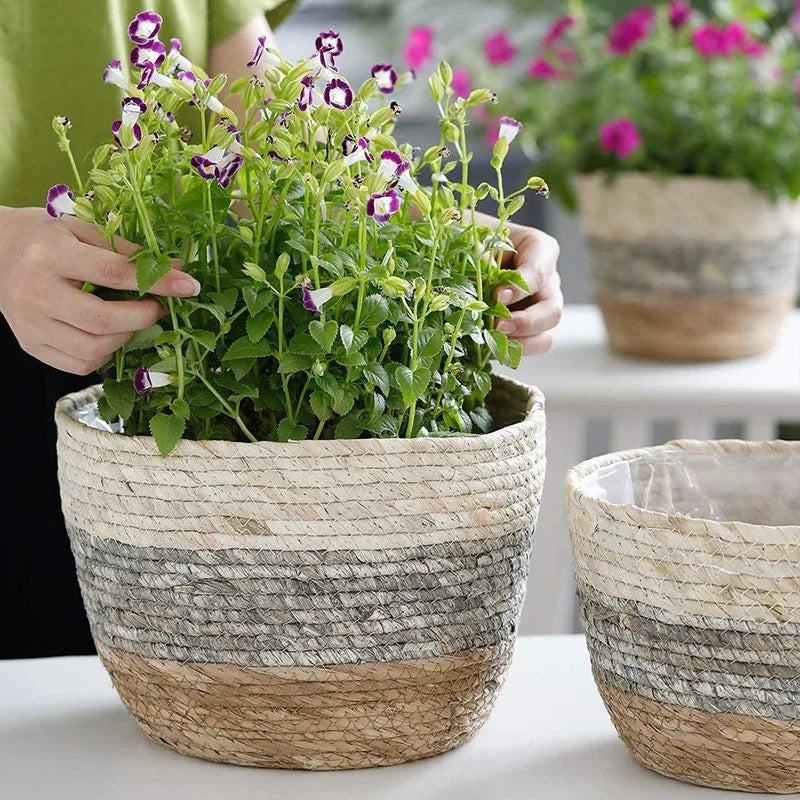 woven straw flower basket for plants and garden - vue 10 sur 10