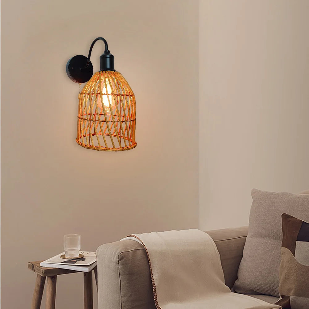 Vintage industrial hand-woven rattan wall light with switch