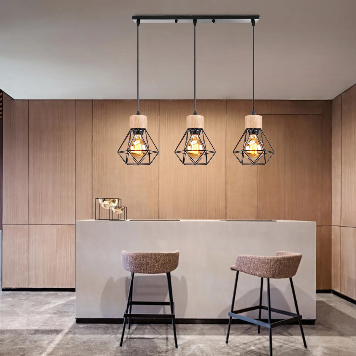 Vintage wooden pendant light LED suspension - vue 2 sur 14