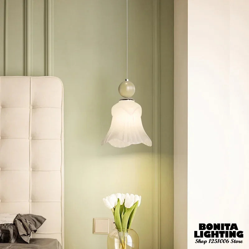 Frosted white flower glass pendant light with adjustable cord for eye protection