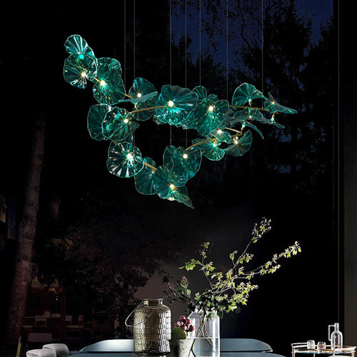 Artistic chandelier with suspended glass leaves LED for hotel - vue 5 sur 13