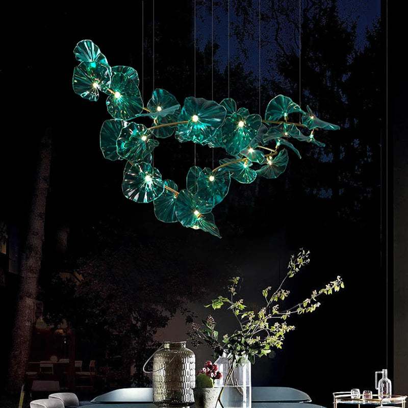 Artistic chandelier with suspended glass leaves LED for hotel - vue 4 sur 13