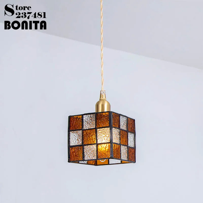 Retro pendant light in hand-painted glass, Mediterranean Asian style - vue 4 sur 12