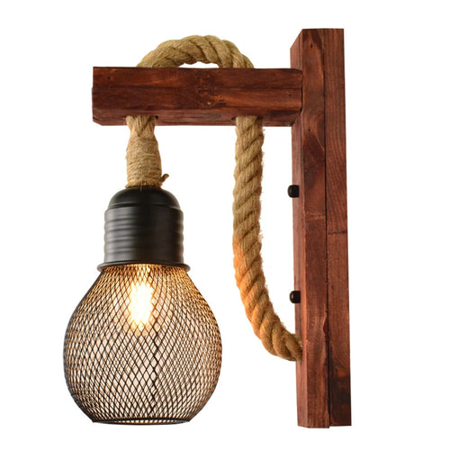 Vintage industrial wood and hemp rope LED wall light loft - vue 15 sur 15