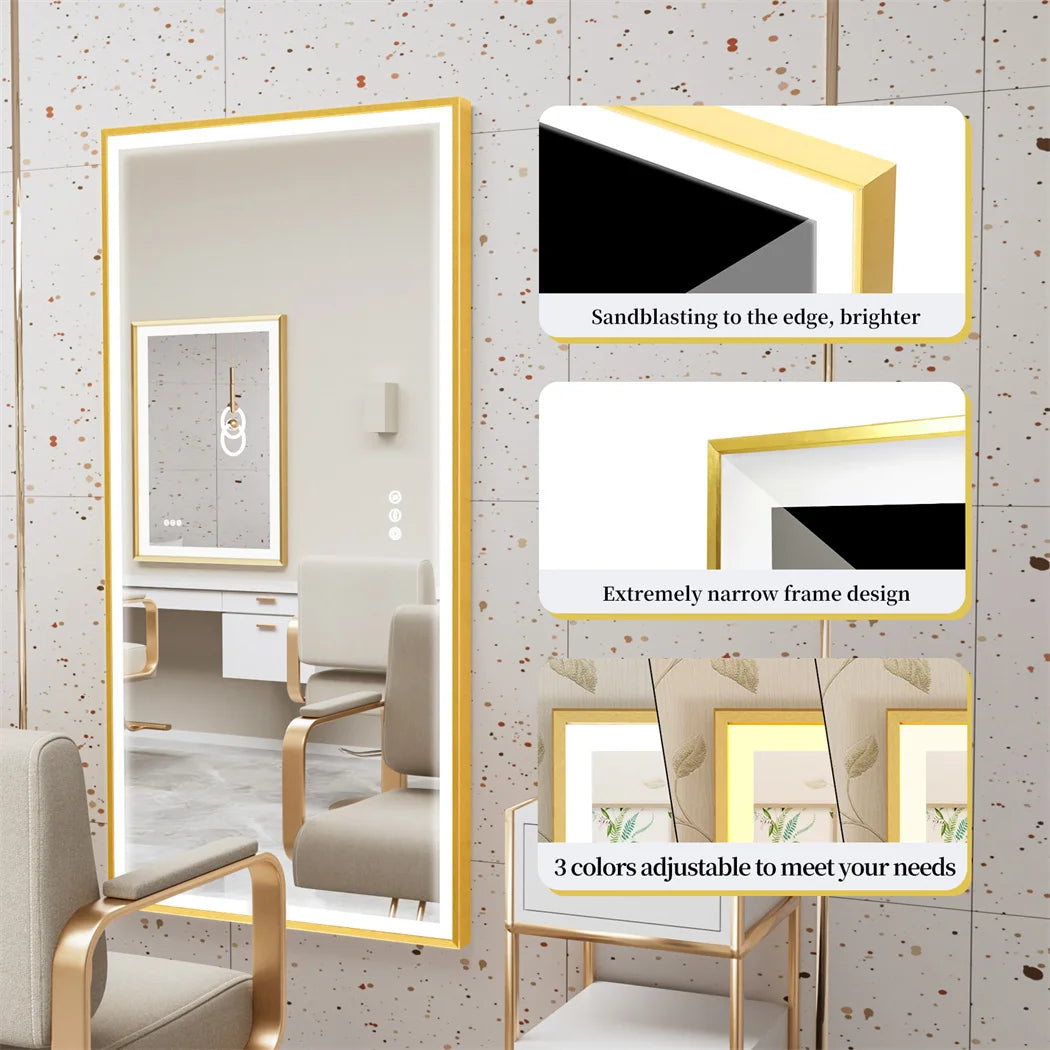 Illuminated mirror with gold frame and three-colour dimmable anti-fog LED lights - vue 3 sur 11
