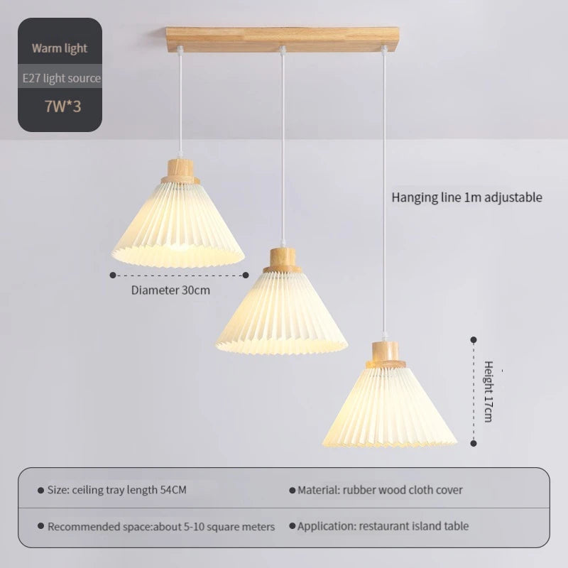 Modern Nordic pleated fabric chandelier with wooden base - vue 8 sur 14