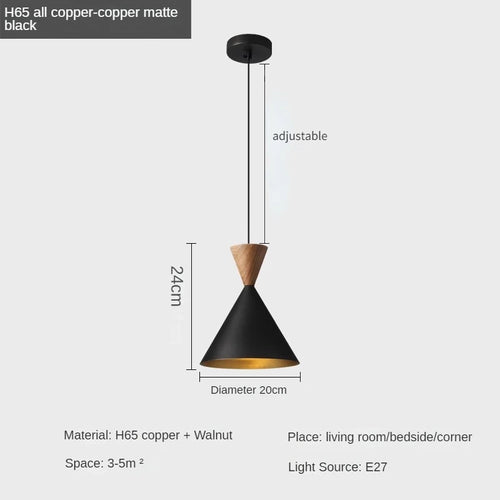 Modern and Minimalist Master Bedroom Bedside Pendant Light, Personalized and Luxurious All Copper Walnut Bar Hanging Line Light - vue 8 sur 10