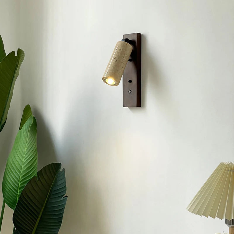 Wood and natural stone wall light with switch for reading