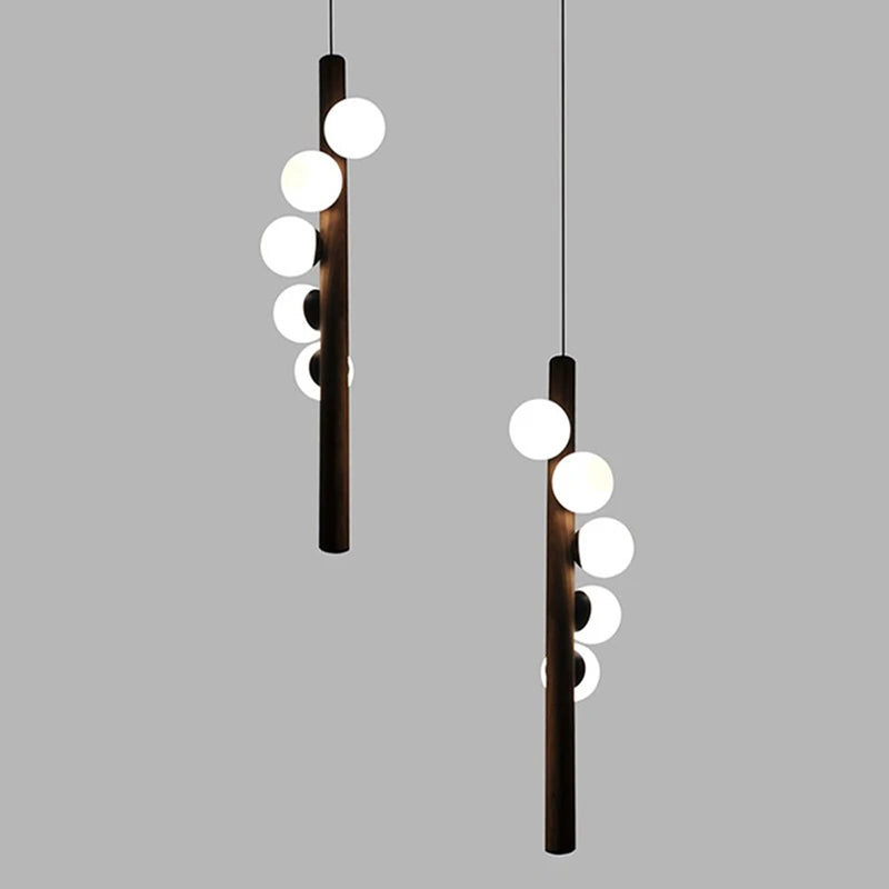 Modern glass and walnut wood chandelier for indoor use - vue 4 sur 14