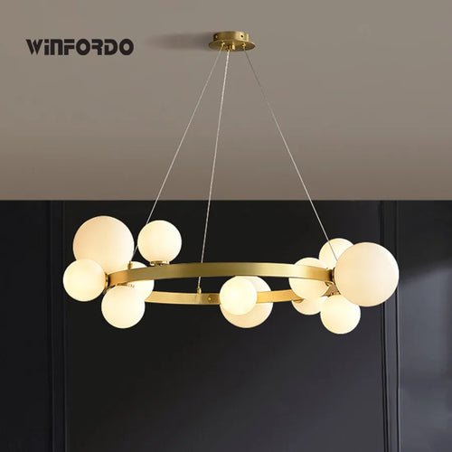 Gold round LED chandelier with glass globes - vue 2 sur 18
