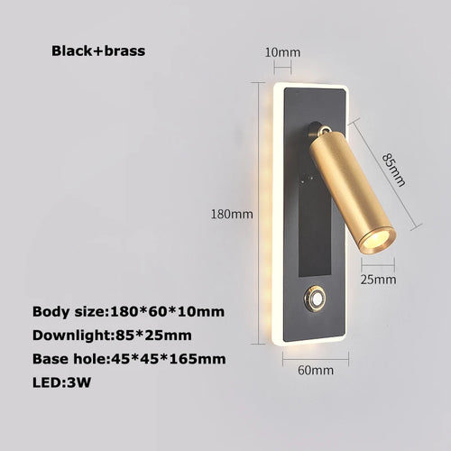 LED Brass Black Wall Lamp Wall Light Wall Sconce Wall Mounted Reading Light with Switch and USB Port, Rotatable For Bedroom - vue 24 sur 23