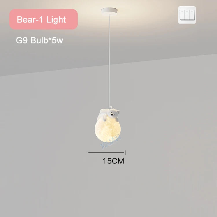 Children's 3d bear and rabbit bedside pendant light with moon night light