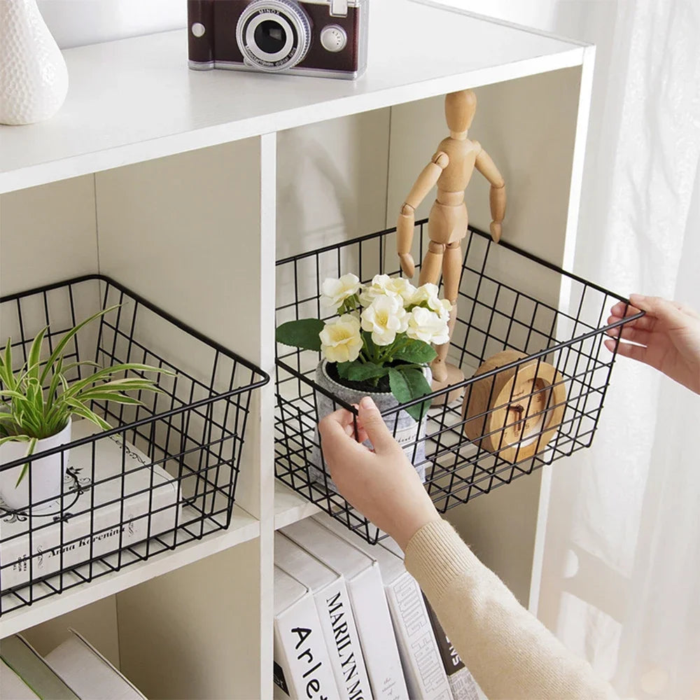 Metal wire storage basket with wrought iron handle