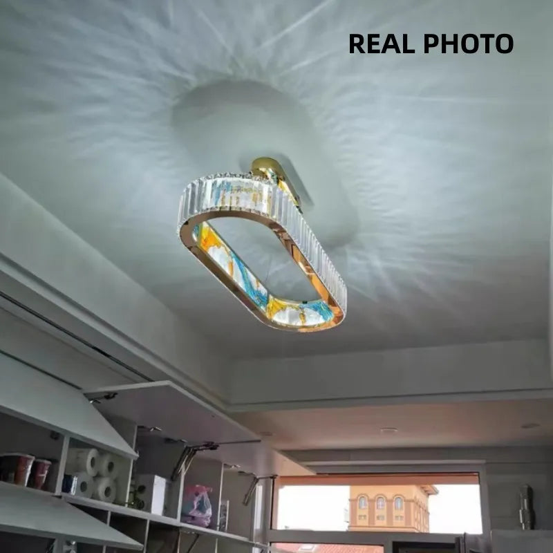 Modern dimmable LED chandelier with decorative steel ring - vue 6 sur 14