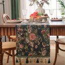 Green floral jacquard table runner with tassels country style