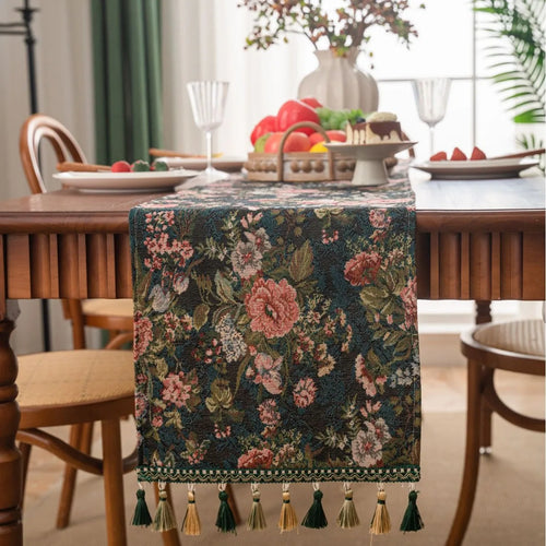 Green floral jacquard table runner with tassels country style