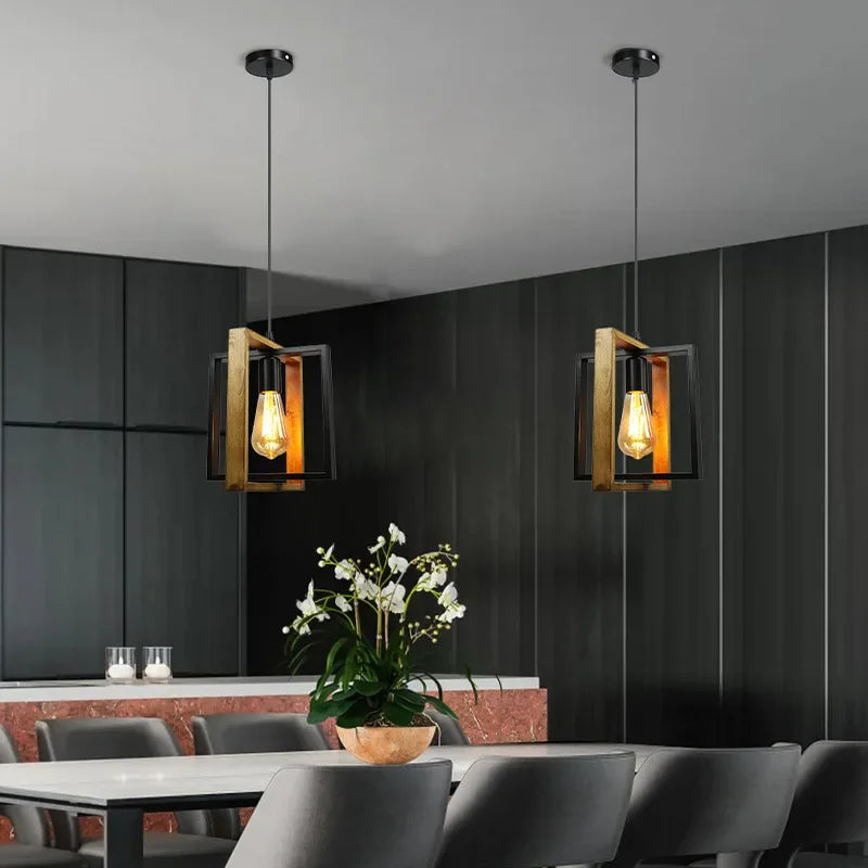 Retro iron and wood chandelier for bar or restaurant