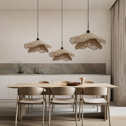 Cotton rope and straw hat nordic vintage pendant light - vue 2 sur 14