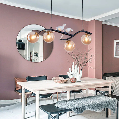 Iron chandelier with bird and suspended glass ball - vue 5 sur 12