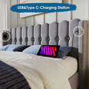 Cushion Bed Double with USB Type C Charging, Slatted Frame, Upholstered, Gray, 140x200 cm, Youth/Guest Room, Linen