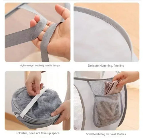 Durable Collapsible Laundry Basket, Mesh Pop Up Laundry Hamper With Side Pocket, Foldable Clothes Storage Hamper With Reinforced - vue 4 sur 9