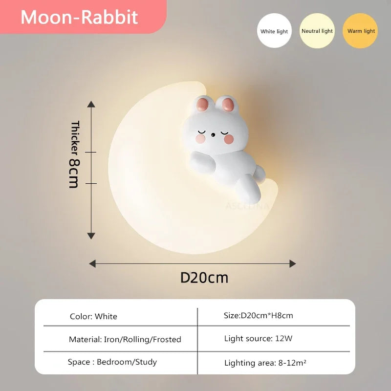 Modern minimalist LED wall light with star, moon, bear and bunny - vue 8 sur 10