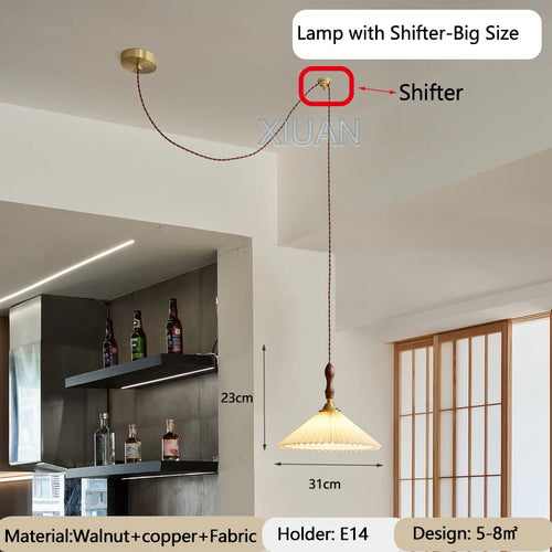 Japanese vintage chandelier with pleated walnut lampshade - vue 10 sur 12